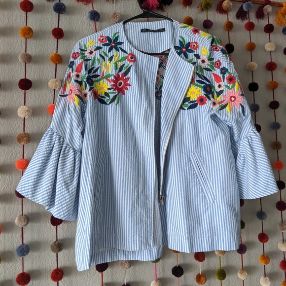 Zara Jackets & Blazers - Zara Embroidered Jacket With Ruffle Sleeve